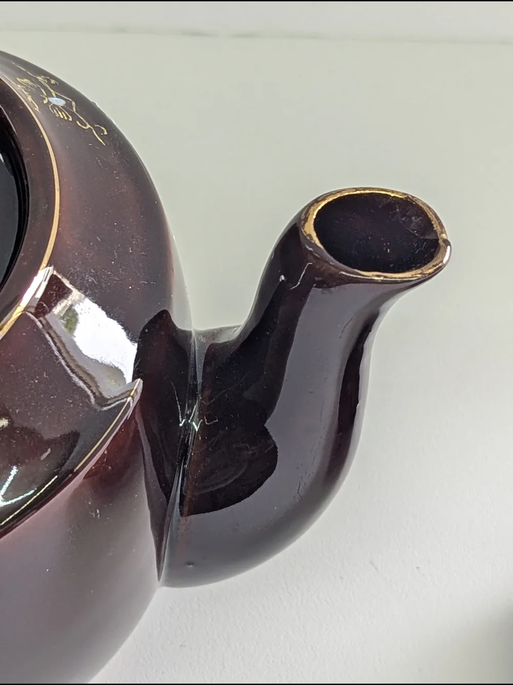 Vintage Hand Painted Brown Ceramic Teapot Floral Gold Cottagecore Tea Pot